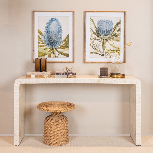 Hand-Woven Water Hyacinth Side Table, Round, Boho, Light Tone - On