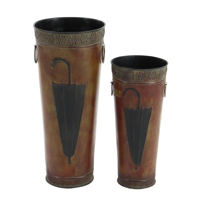 Metal Umbrella Stand with Umbrella Image and Handles - Set of 2 Brown or Black - Roche River Decor