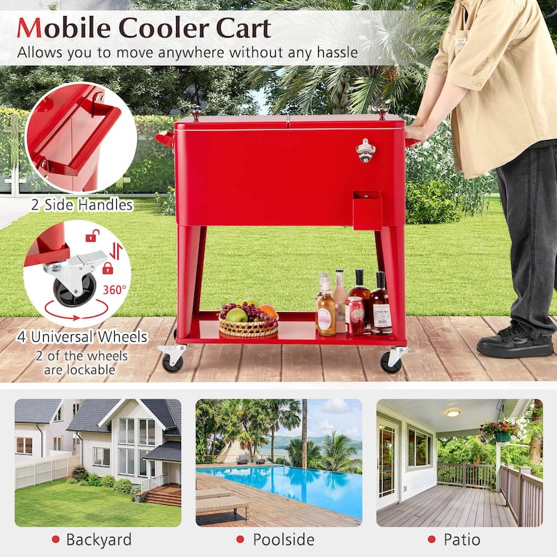 Costway 80-Quart Rolling Patio Cooler on Wheels with Side Handles
