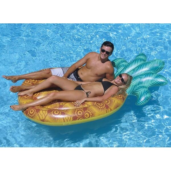 slide 1 of 3, Inflatable Green Yellow Tropical Pineapple Swimming Pool Raft, 86-Inch