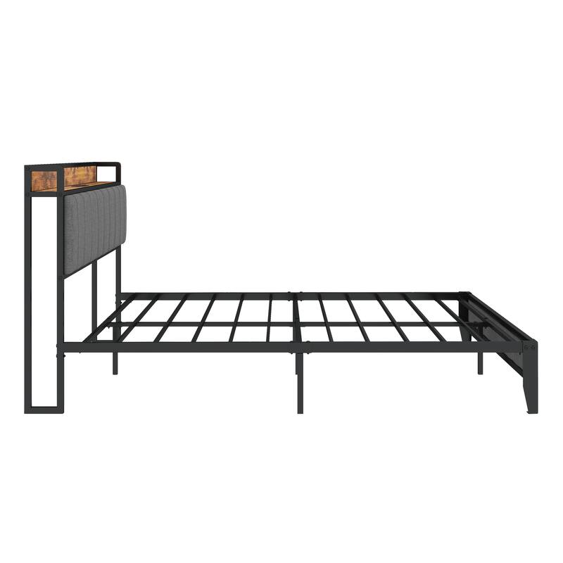 Queen Size Metal Platform Bed with Charging Station and Upholstered Headboard