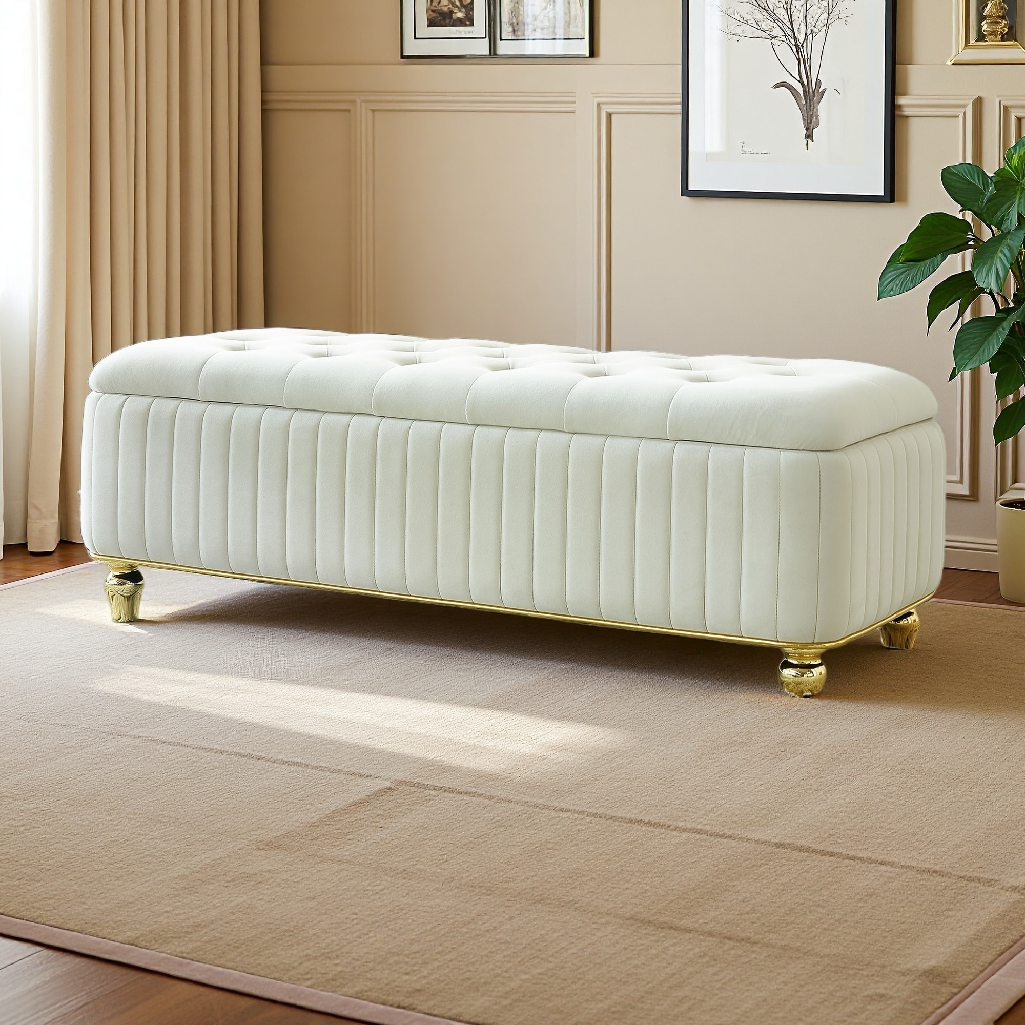 47.2"L Velvet Storage Ottoman, Safety Hinge, Deep Tufting, Metal Legs, Living Room