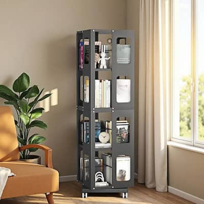 Rotating Bookshelf Tower 4 Tier All-Steel with 360° Wheels，Moveable Storage Rack Corner Bookshelf