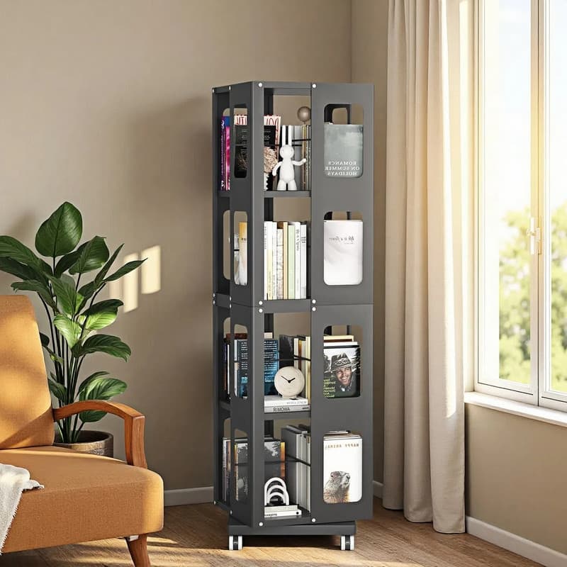 Rotating Bookshelf Tower 4 Tier All-Steel with 360° Wheels，Moveable Storage Rack Corner Bookshelf