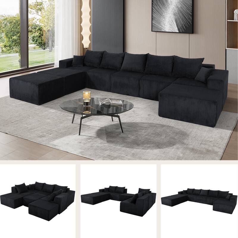 GDFStudio - 8-Piece Modular U-Shaped 155" Sectional Sofa with Chaise Lounge and Bed - Black