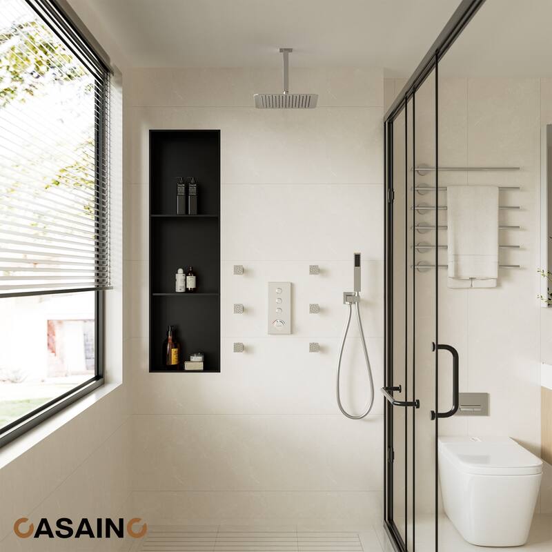 Luxury Thermostatic Shower System 1-Spray Patterns Ceiling Mount Fixed Shower Head and Handheld Spray with 6 Body Jets