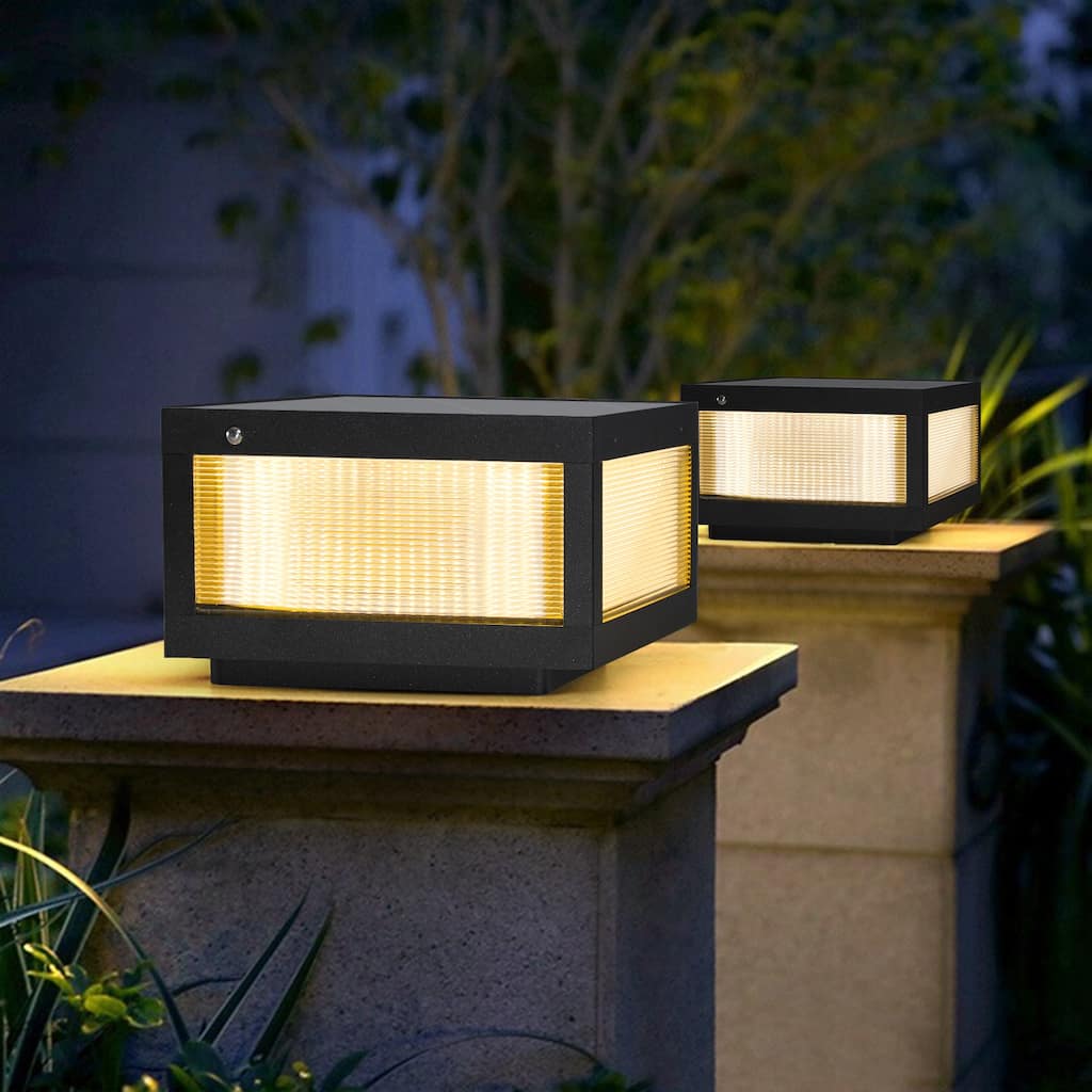2-Pack Modern Solar LED Post Cap Lights - 2" Black Outdoor Fence Lights for Pathways, Decks & Patios - 12"