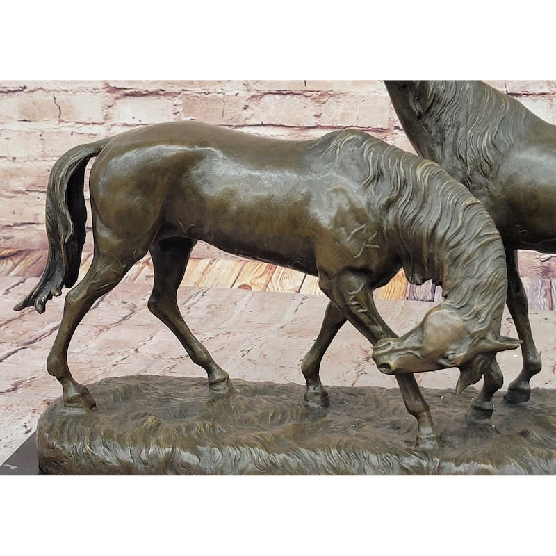 Necking Imitative Horses Equestrian Imitative Horse Lover Bronze Sculpture Statue Art Figure Marble Base