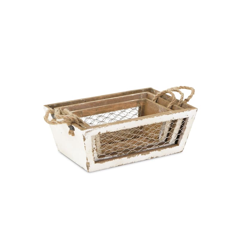 Brown Wooden Tapered Crates with Wire Panels (Set of 3)