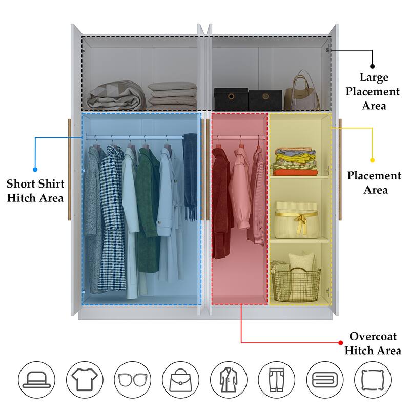 70.9"H x 63"W Kerrogee Wardrobe Airmories 4 Doors Hanging Rod White