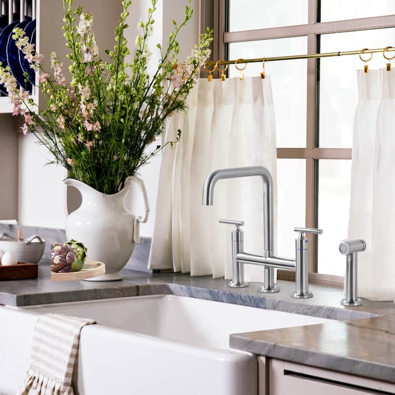 WOWOW Double Handle Bridge Kitchen Faucet with Side Sprayer