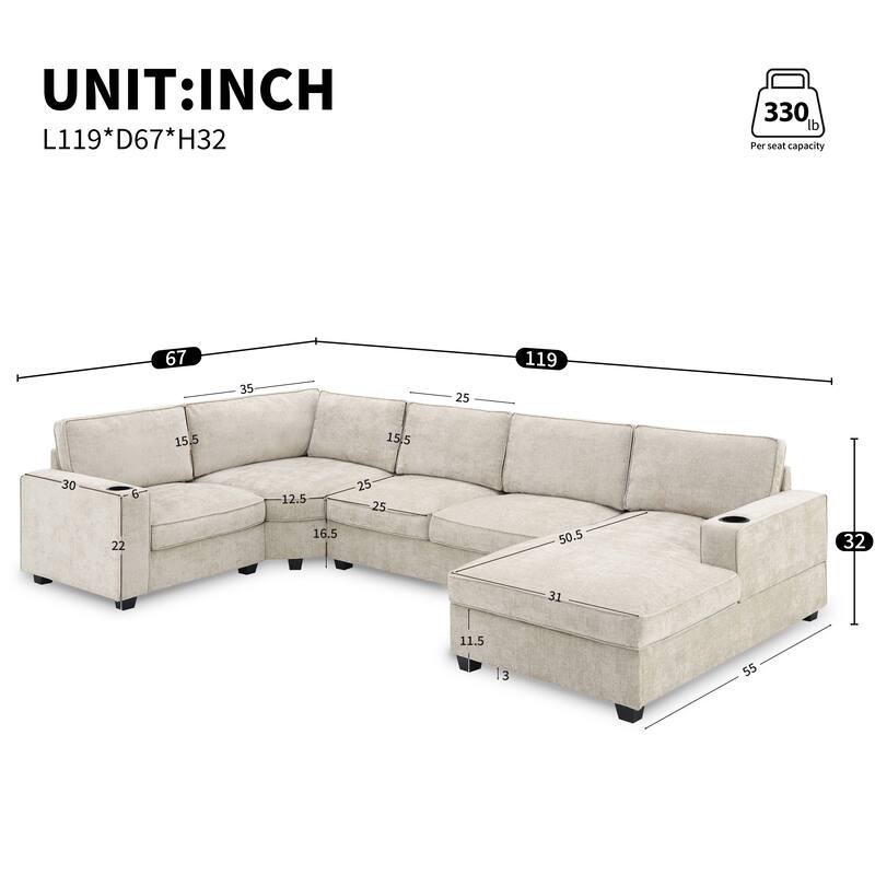 Modern U Shaped Sofa with Chenille Upholstery and Built In Cup Holders for Living Room or Guest Room