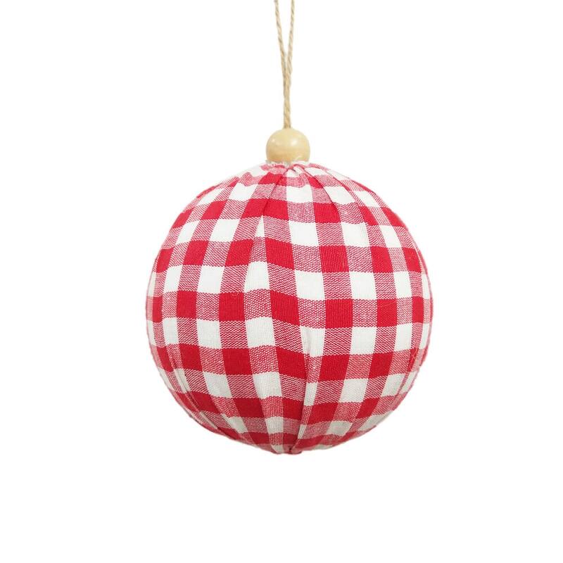 Vickerman 4" Red and White Plaid Cloth Ball Christmas Ornament, 4 pieces per box