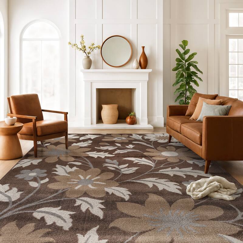 Contemporary Floral Area Rug for Living Room, Bedroom, or Entryway - Low Pile Indoor Rug - 7' 10" x 10'