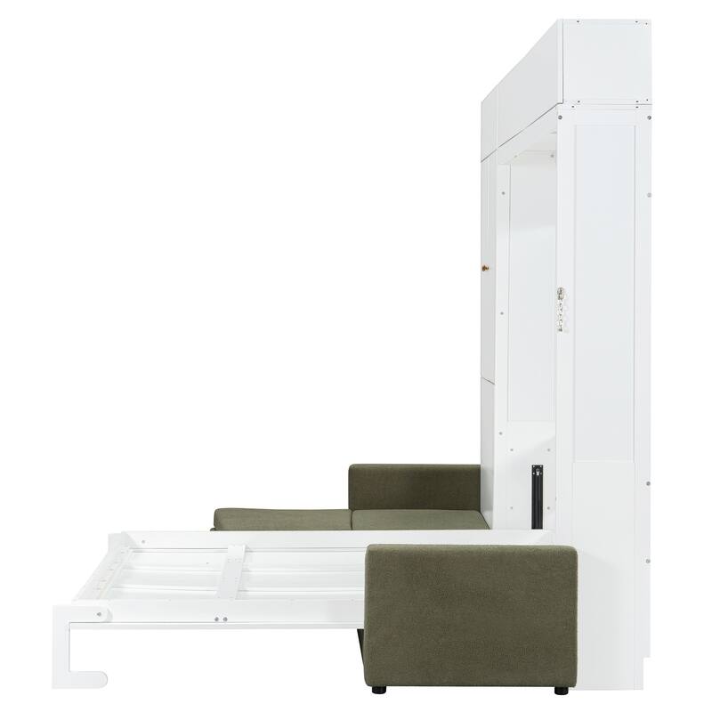 Queen Size Wall Bed with Sofa and Shelves, Space-Saving Design, White Panel, Green Sofa