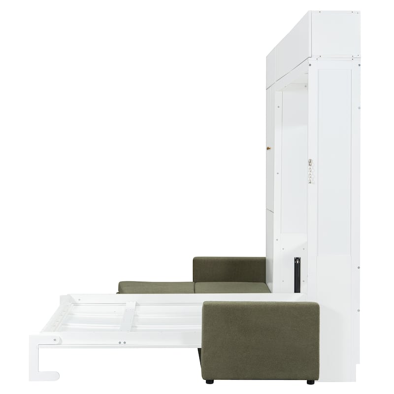 Versatile Queen Size Murphy Bed Wooden Folding Bed Frame integrated with L-shaped Chaise Sectional Sofa and Storage Cabinets