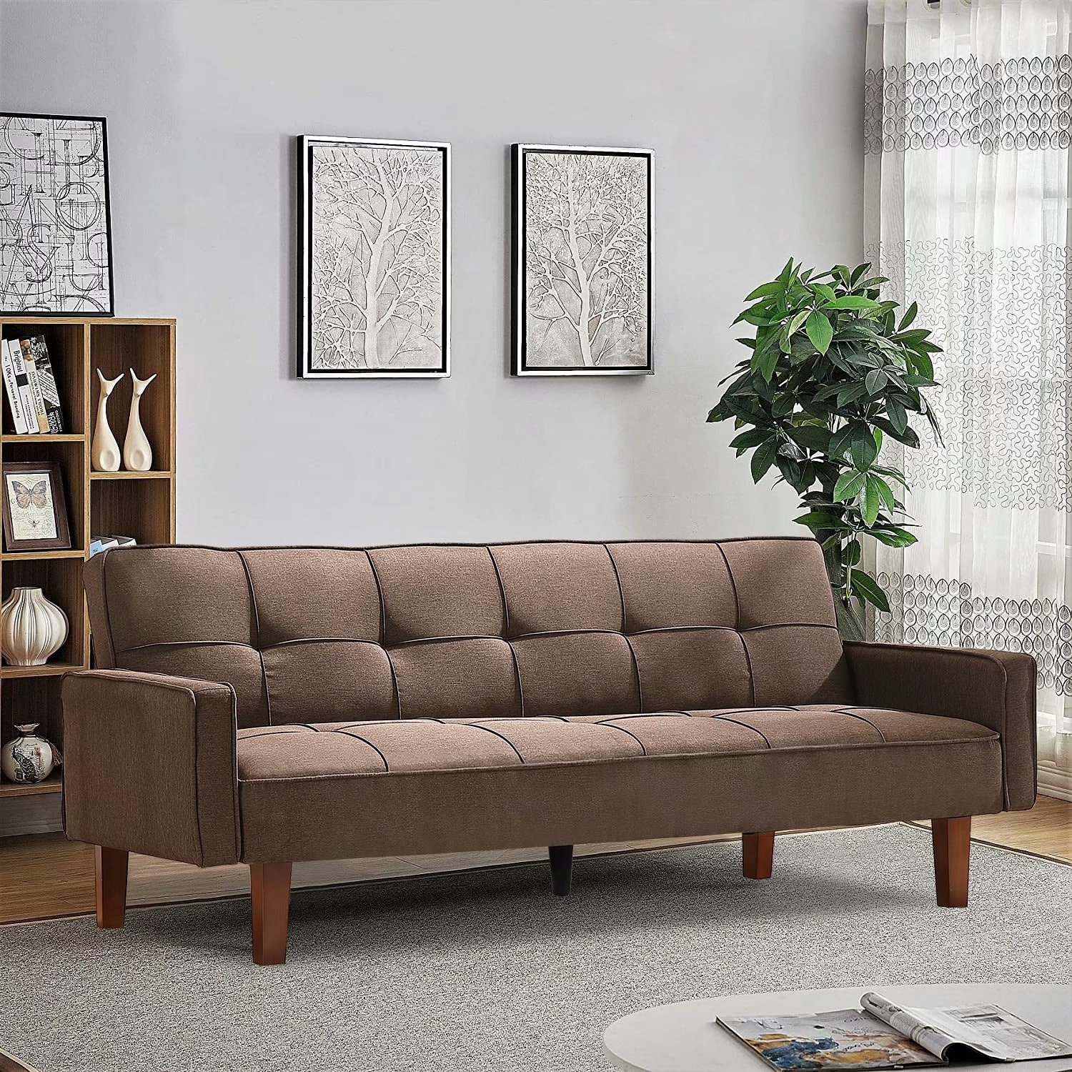 Shop Mieres Brown High Quality And Durable Convertible Linen Sofa