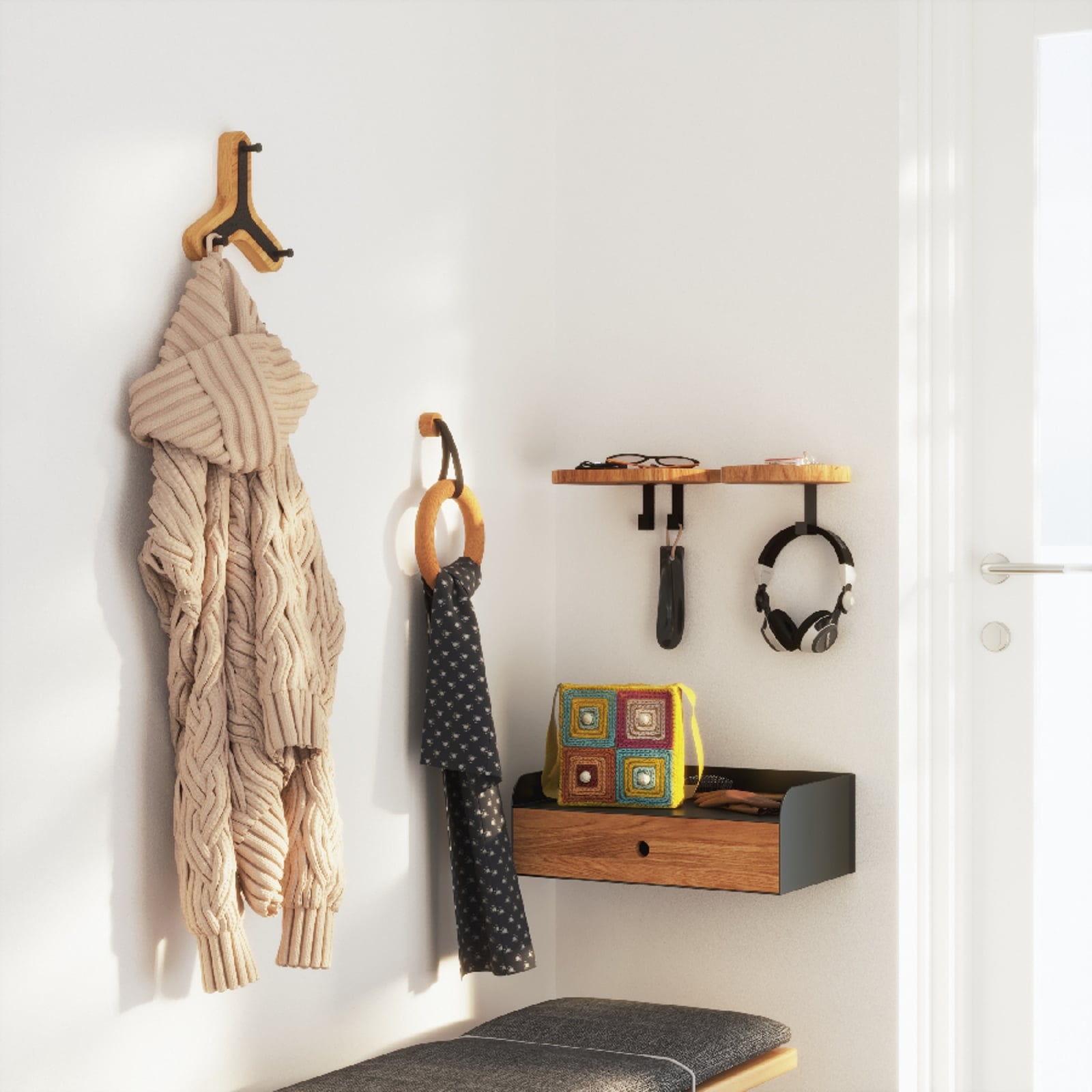 Wall Mounted Coat Rack Handmade Oak Wood Metal 3 knobs Bed Bath Beyond 40278472