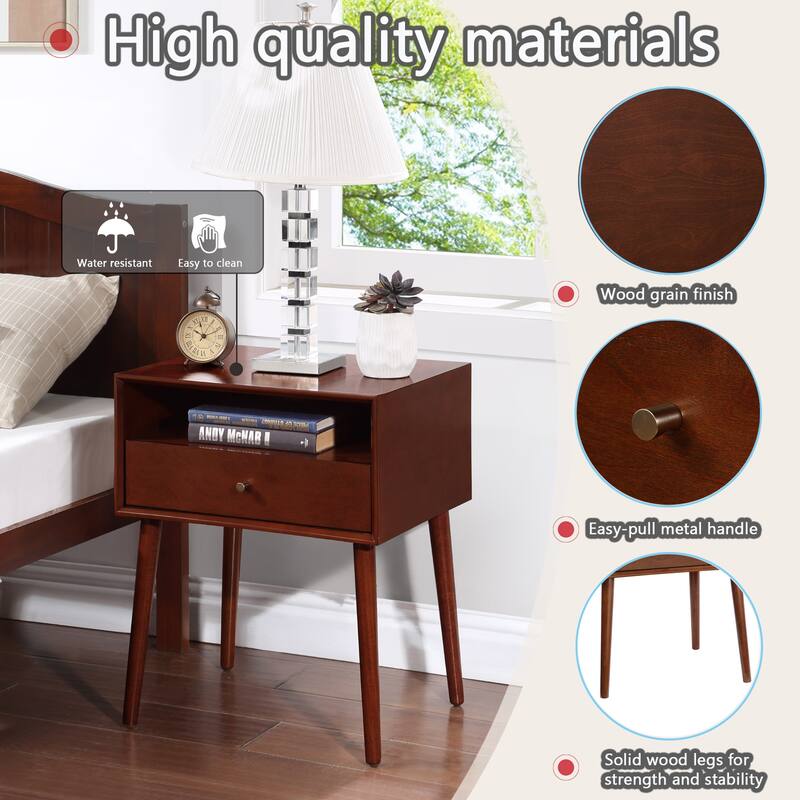 Night Stand with Drawer,Modern Nightstand,Bedside Tables,Mid Century Nightstands with Open Storage Shelf
