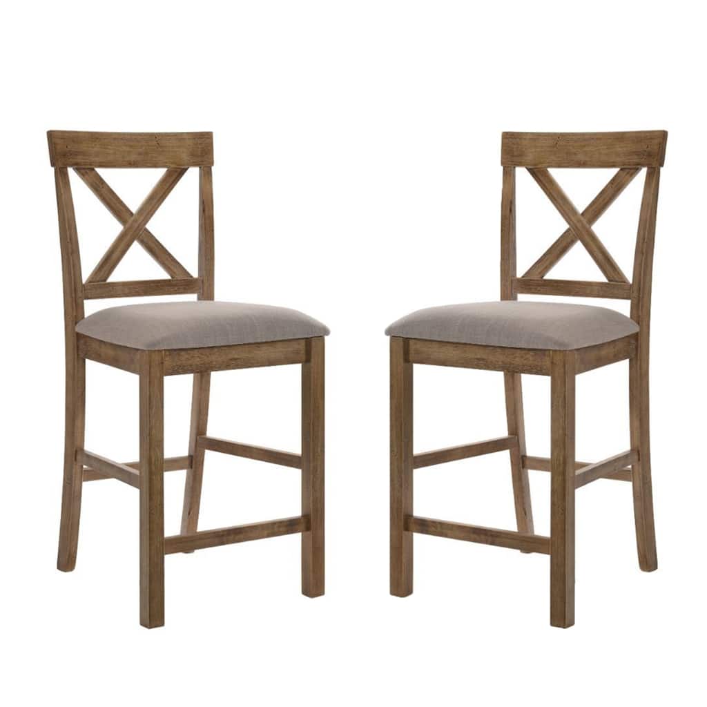 Set of 2 Linen Upholstered Counter Height Chairs, Tan and Weathered Oak