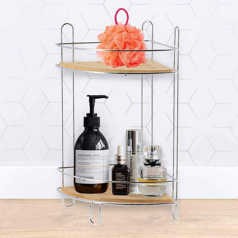 Corner Bathroom Organizer Storage Tower 3 or 2 Shelves Bamboo Black Metal