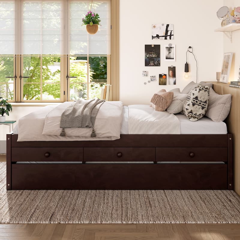 Full Platform Bed with Trundle and 2 drawers, SolidWood Beds with Power strip, Espresso
