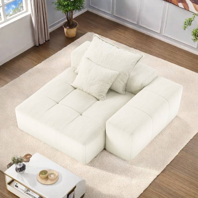 56.7" Foam 2-Seater Sofa Block Sofa with 2 Pillows for Living Room and Bedroom - Beige
