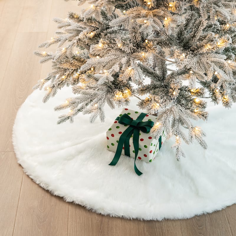 Glitzhome 48"D White Soft Plush Christmas Tree Skirts