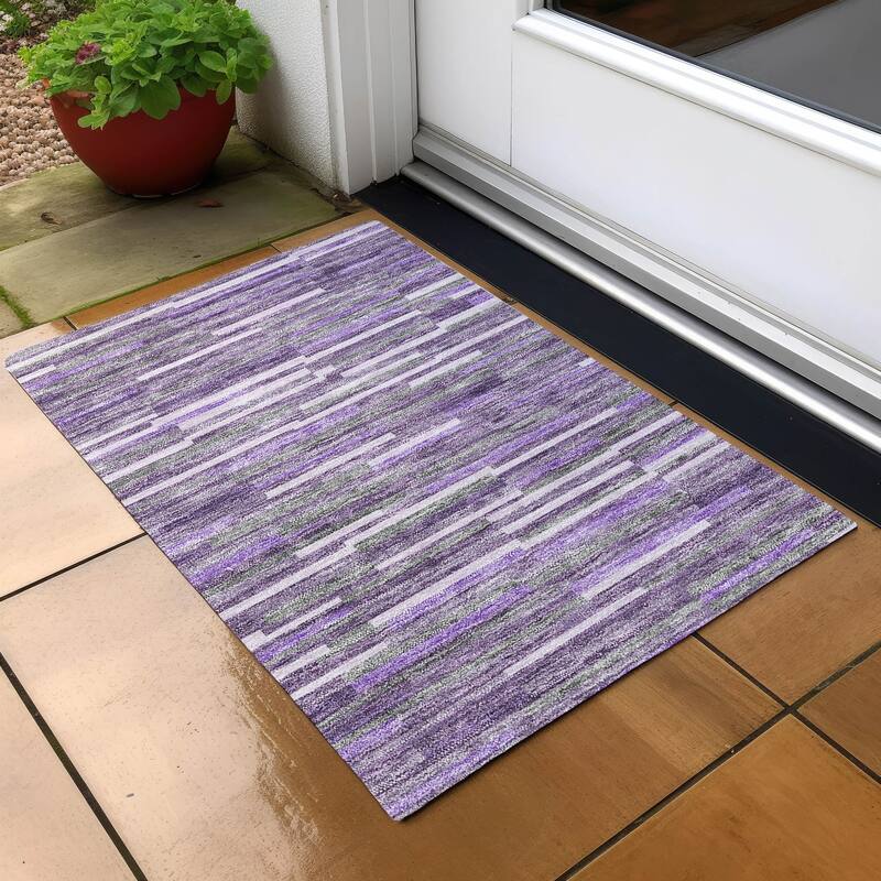 Machine Washable Indoor/ Outdoor Chantille Modern Stripes Rug - Purple - 1'8" x 2'6"