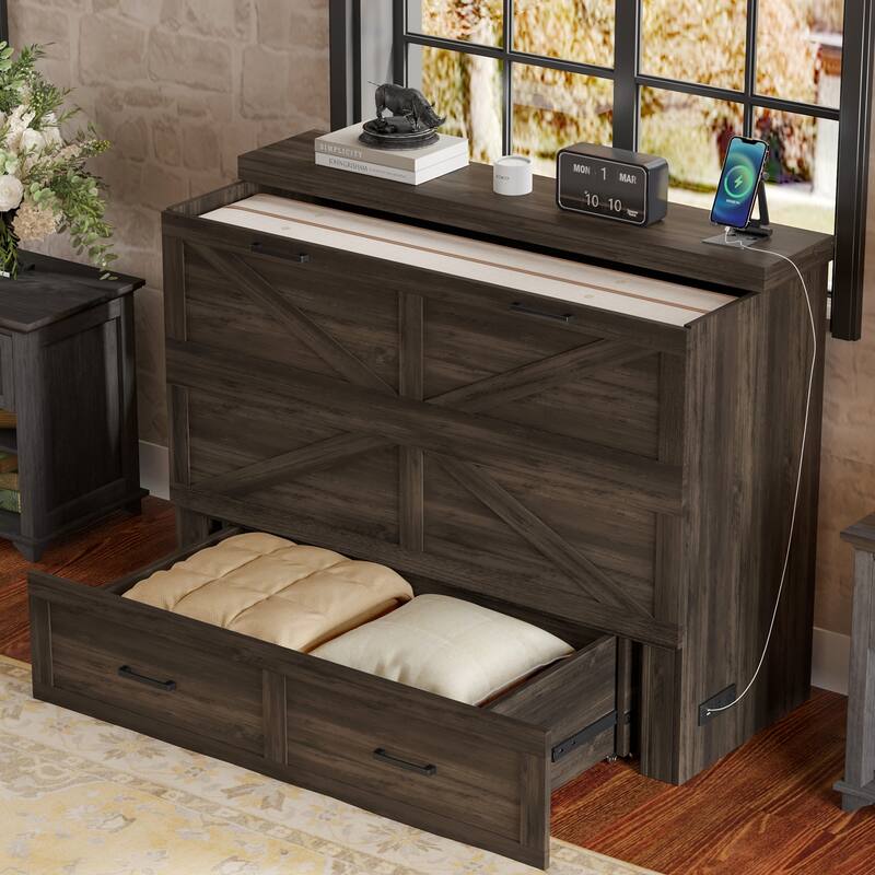 Full/Queen Size Pull Out Murphy Bed Frame, Wood Foldable Platform Cabinet Bed with Charging Station and Large Storage Drawers