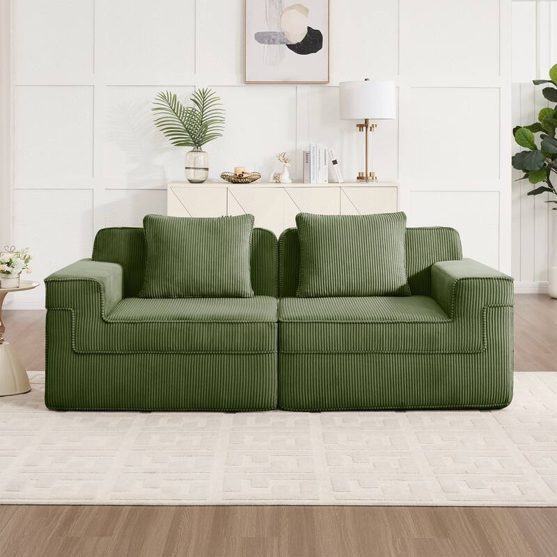 Modular 2-Seat Boneless Sofa, Modern Sectional Couch with Deep Seats, Wide Armrests, Corduroy Loveseat with Throw Pillows