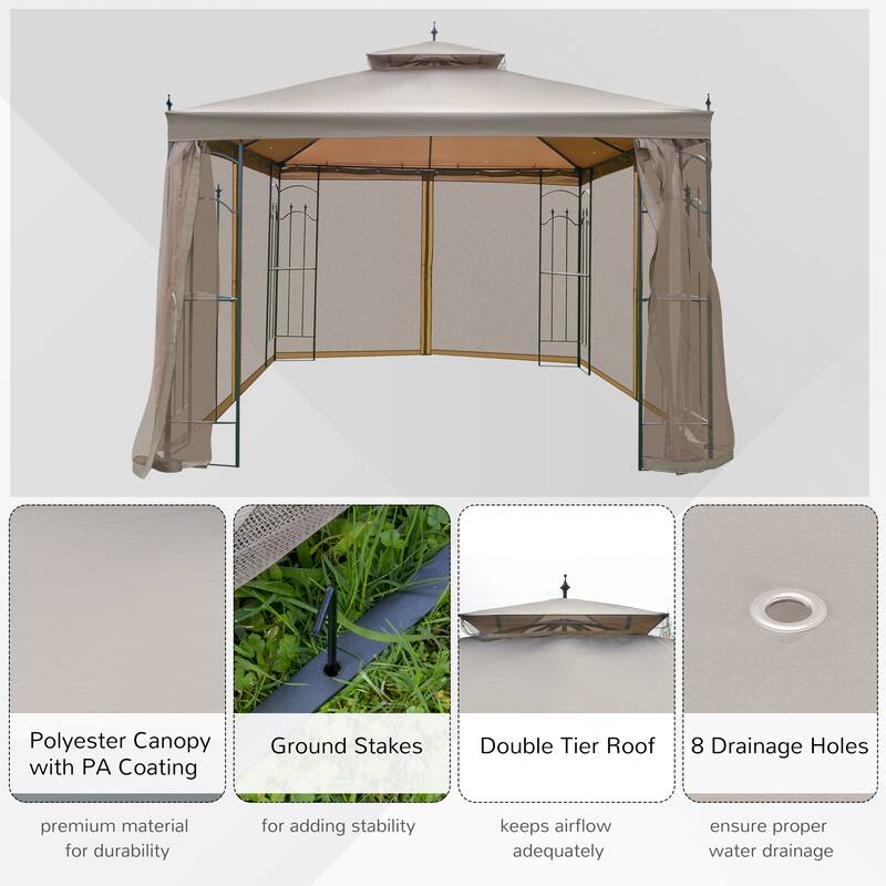 Outsunny 10-foot Square Steel Outdoor Garden Gazebo with Mesh Curtains