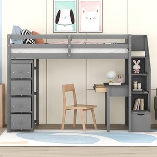 Wood Twin Size Loft Bed with Desk, Storage Stairs, Drawers and Shelves, Solid Wood Twin Bedframe Multi-Functional High Loftbed
