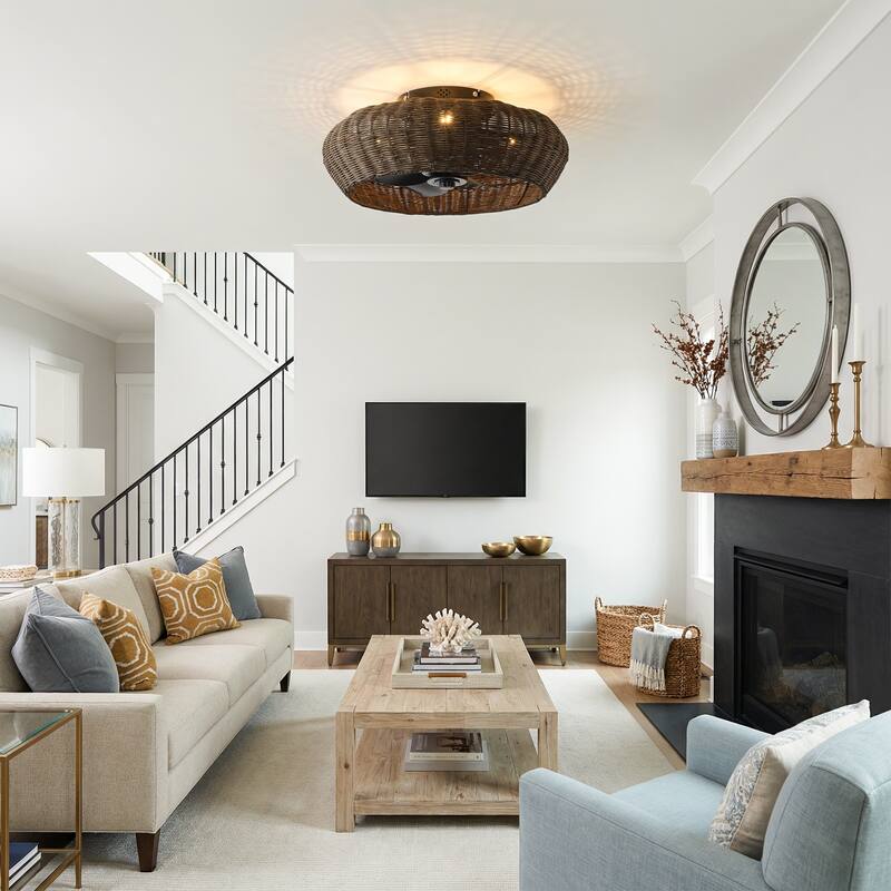 20-inch Boho Distressed Black Chandelier Flush Mount Ceiling Fan with Remote and Hand-Woven Rattan Shade - 19.7" W x 7.08" H