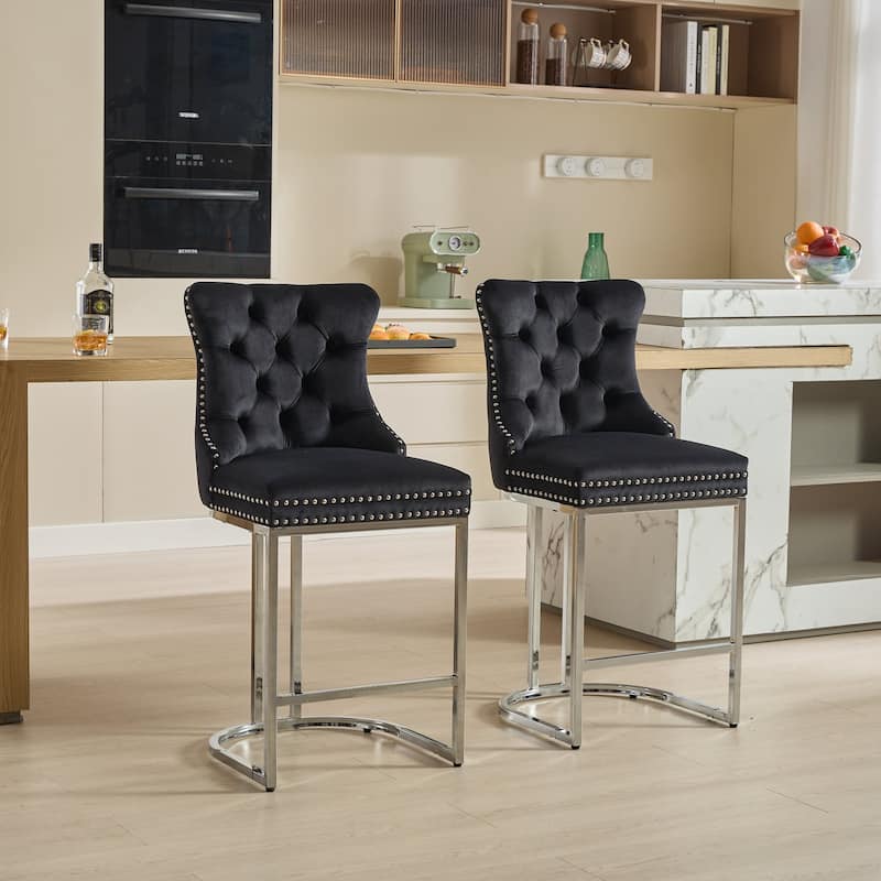 Counter Height Bar Stools Set of 2, Velvet Upholstered Accent Chairs with Button Back, Rivet Trim and Chromed Metal Base Legs - Black