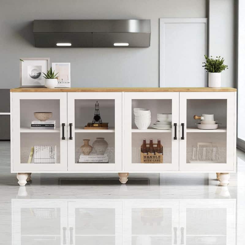 Farmhouse TV Stand for TVs Up to 70", Glass Door Sideboard with Adjustable Shelves and Wood Legs - White