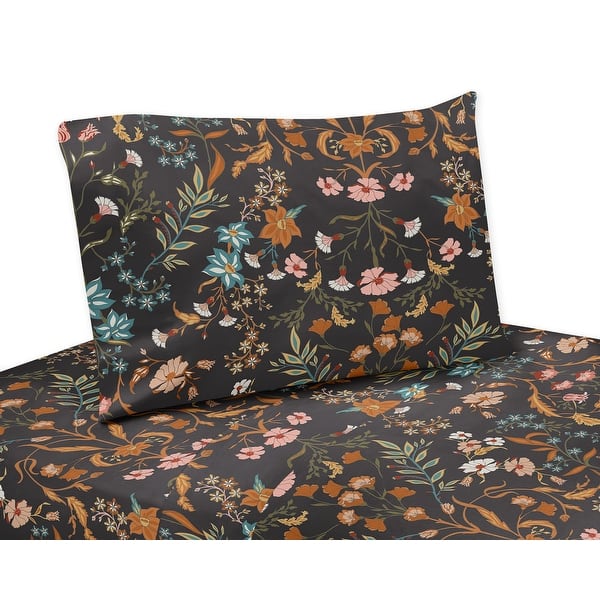 slide 2 of 5, Sweet Jojo Designs Boho Wildflower Vintage Floral Girl 3p Twin Sheet Set Black Orange Teal Bohemian Farmhouse Flower Cottagecore
