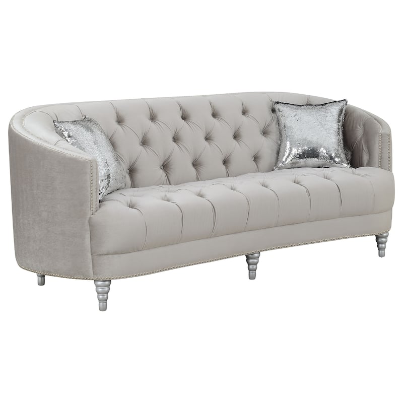 Tiffy 2pc Sofa Loveseat Set, C Shaped Gray Rhinestone Tufted Velvet