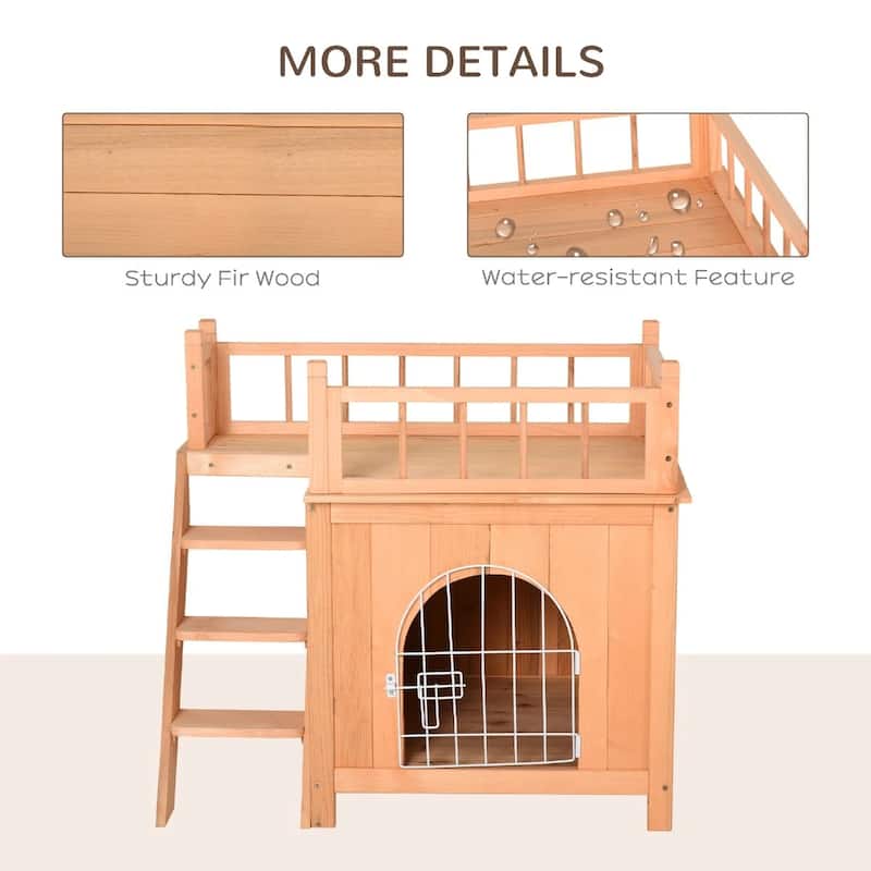 2-Level Wooden Cat House Outdoor With Lockable Wire Door - 28.75" L x 20.5" W x 25.75" H
