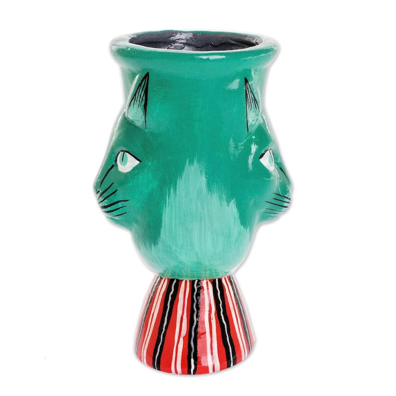 Novica Handmade Top Cat In Green Ceramic Flower Pot
