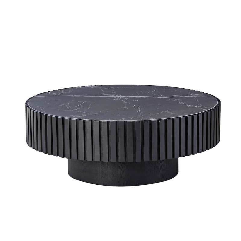 Luxury Round Coffee Table with Faux Marble Top, 35.43" Modern Low Drum Shape Cocktail Table for Living Room, Reception Room