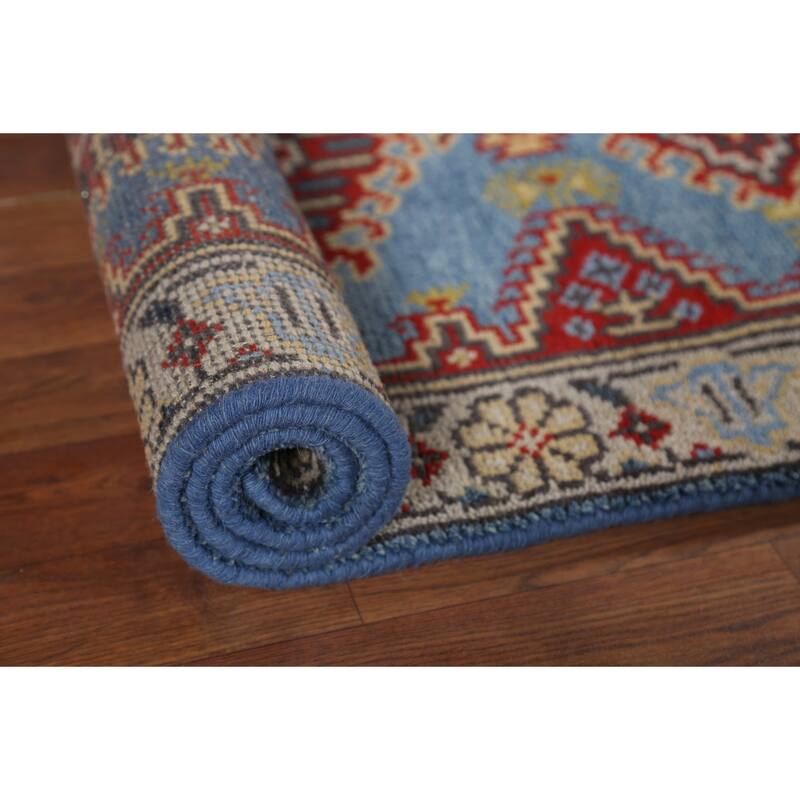Light Blue Geometric Viss Oriental Runner Rug Hand-Knotted Wool Carpet - 2'6"x 7'9"