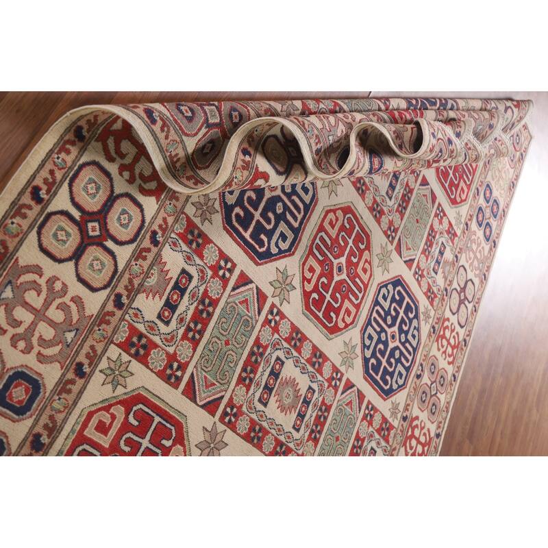 Hand Knotted Oriental 100% Wool Carpet Traditional Geometric Beige & Ivories Kazak Area Rug - 9' 7'' X 6' 7''