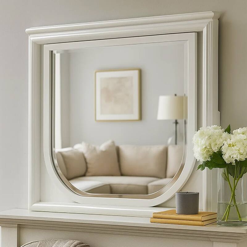 Dima Dresser Mirror, 38 Inch, White Rubberwood, Embossed Panels w LED - Pearl White