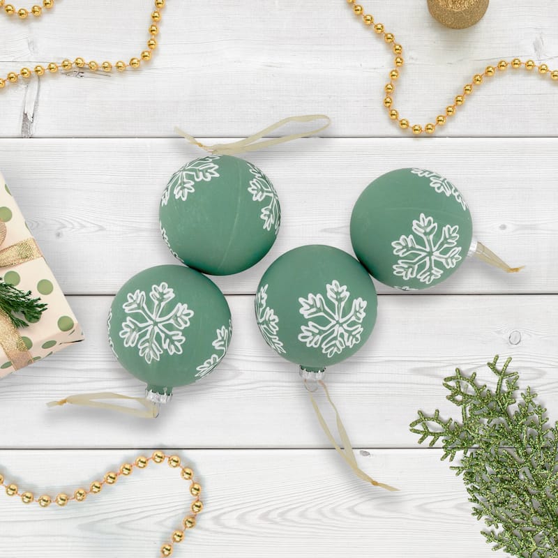 4Ct Green Glass Christmas Ball Ornaments With White Snowflakes 3" 80mm
