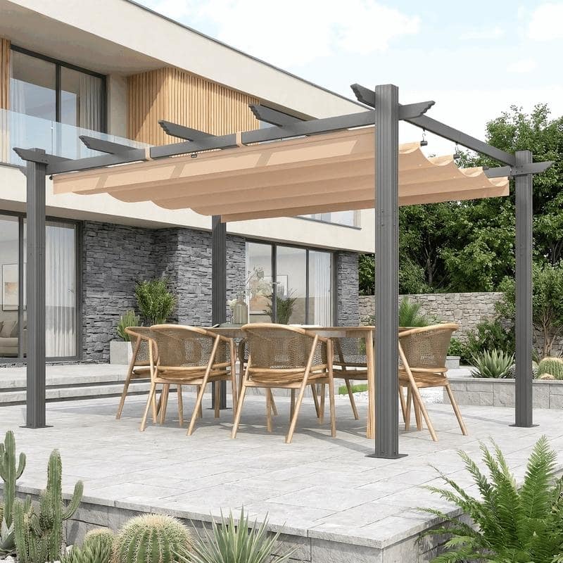 EROMMY 10' x 13' Outdoor Pergola with Retractable Canopy, Heavy-Duty Metal Frame and Adjustable Patio Shade Roof - 10'x13' - Khaki