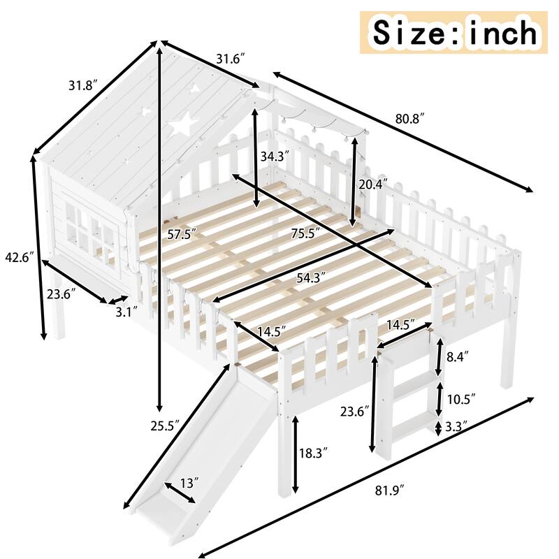 House Loft Bed with Slide and LED Lights, Kids Playhouse Bed with Star & Moon Cutout Roof and Window, Low Loft Bed