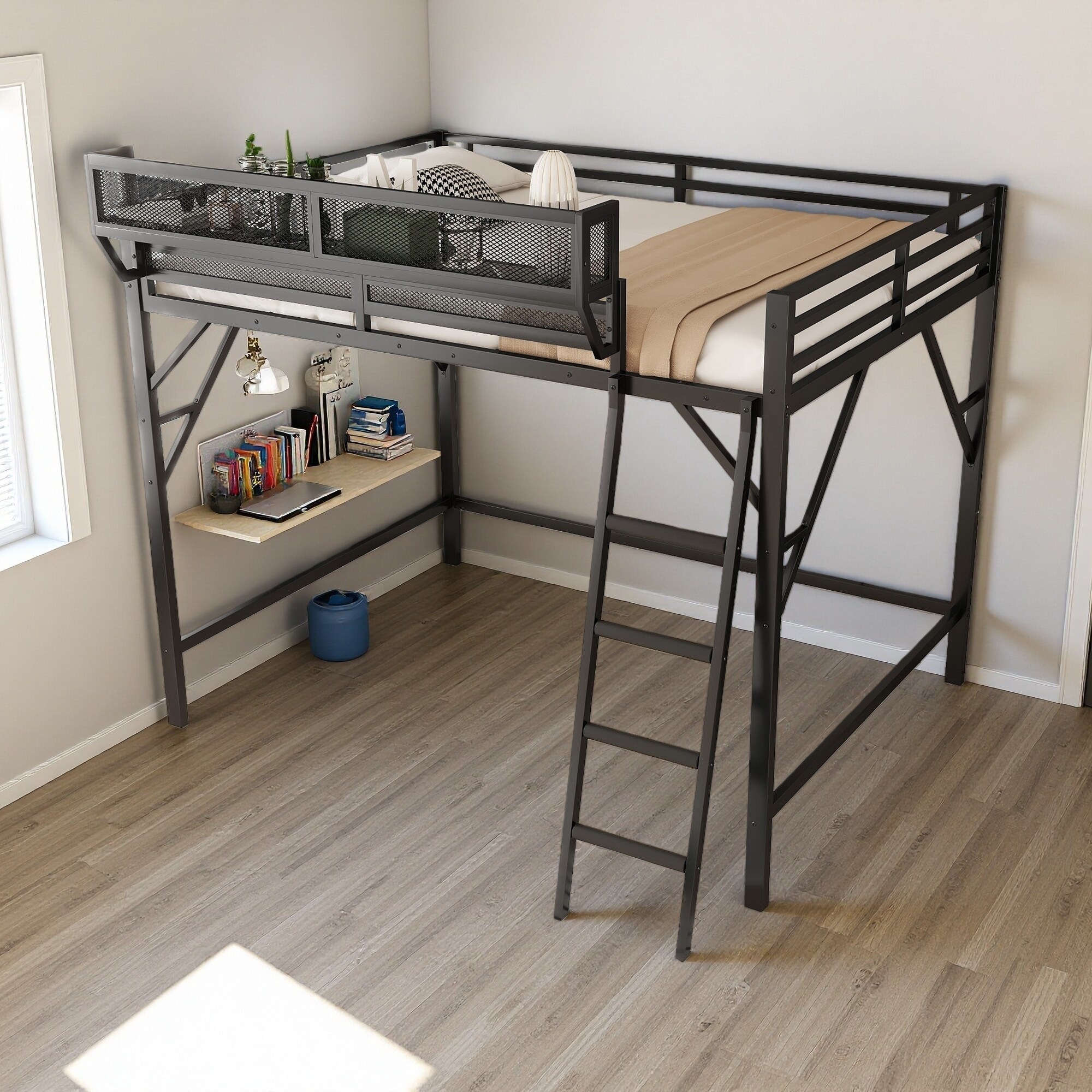 Full Metal Loft Bed with Ladder & Shelves