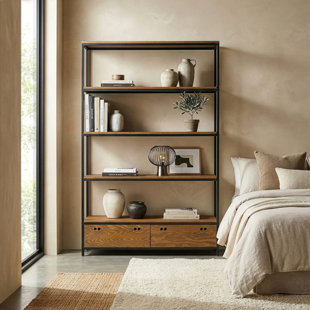 Alta Brown Pine Wood Display Shelf Etagere Bookcase with Drawers