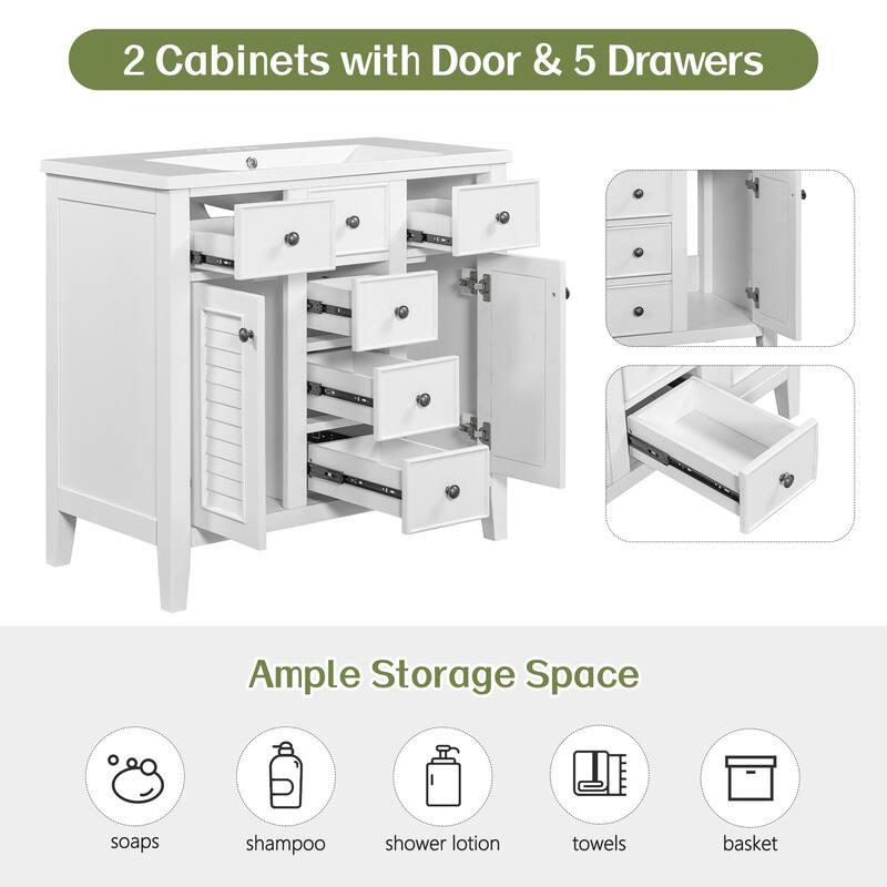 36" Modern Bathroom Vanity Cabinet Base in Grey with Two Cabinets, Five Drawers & Open Storage Shelf, Solid Wood Frame